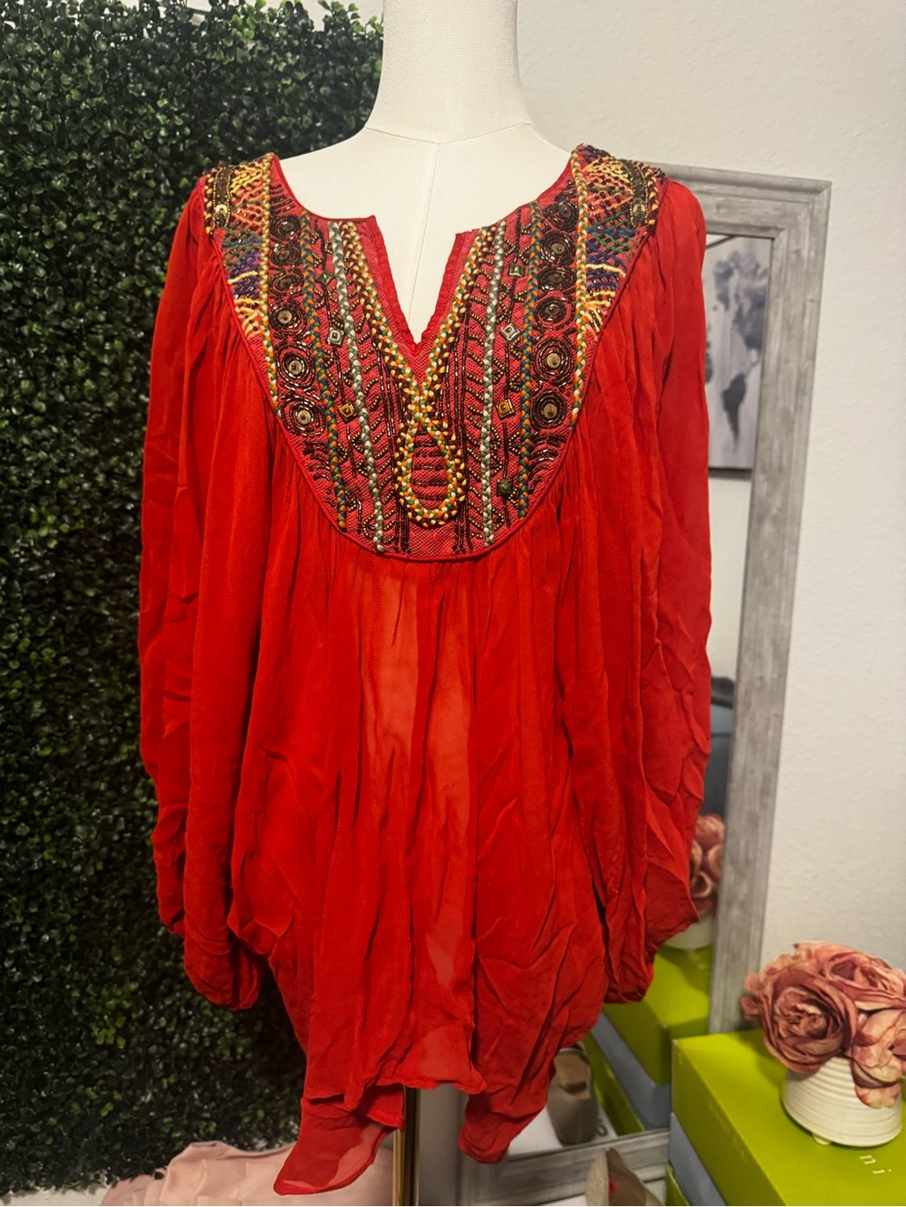Free People  Fortune Teller Beaded Boho Caftan Top Blouse Dolman
